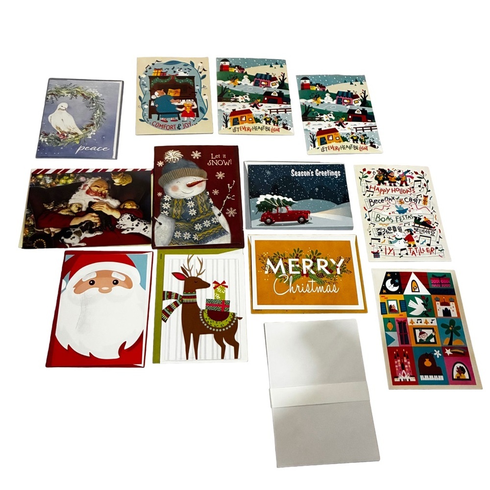 Lot of 12 Assorted Christmas Cards Santa Snowman Folk Art
